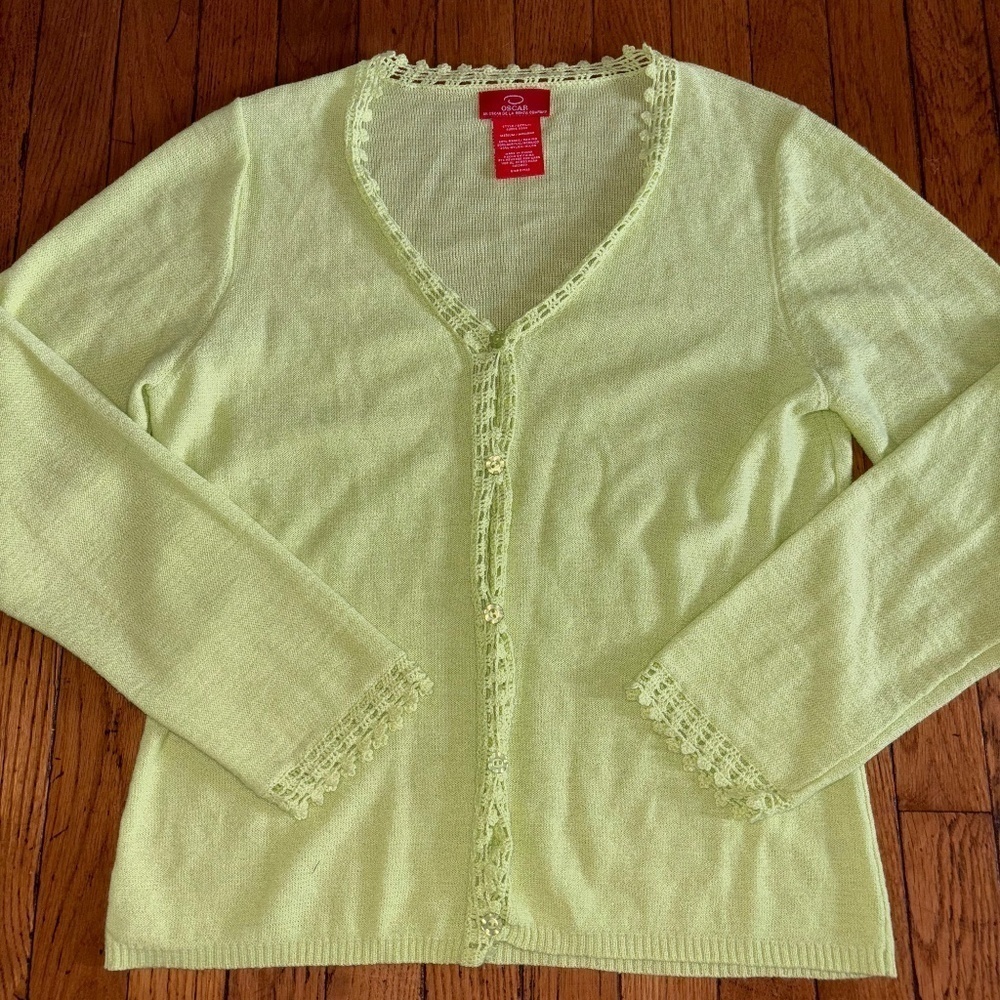 Oscar de la Renta Lightweight Crochet Trim Cardigan Sweater Sz Medium